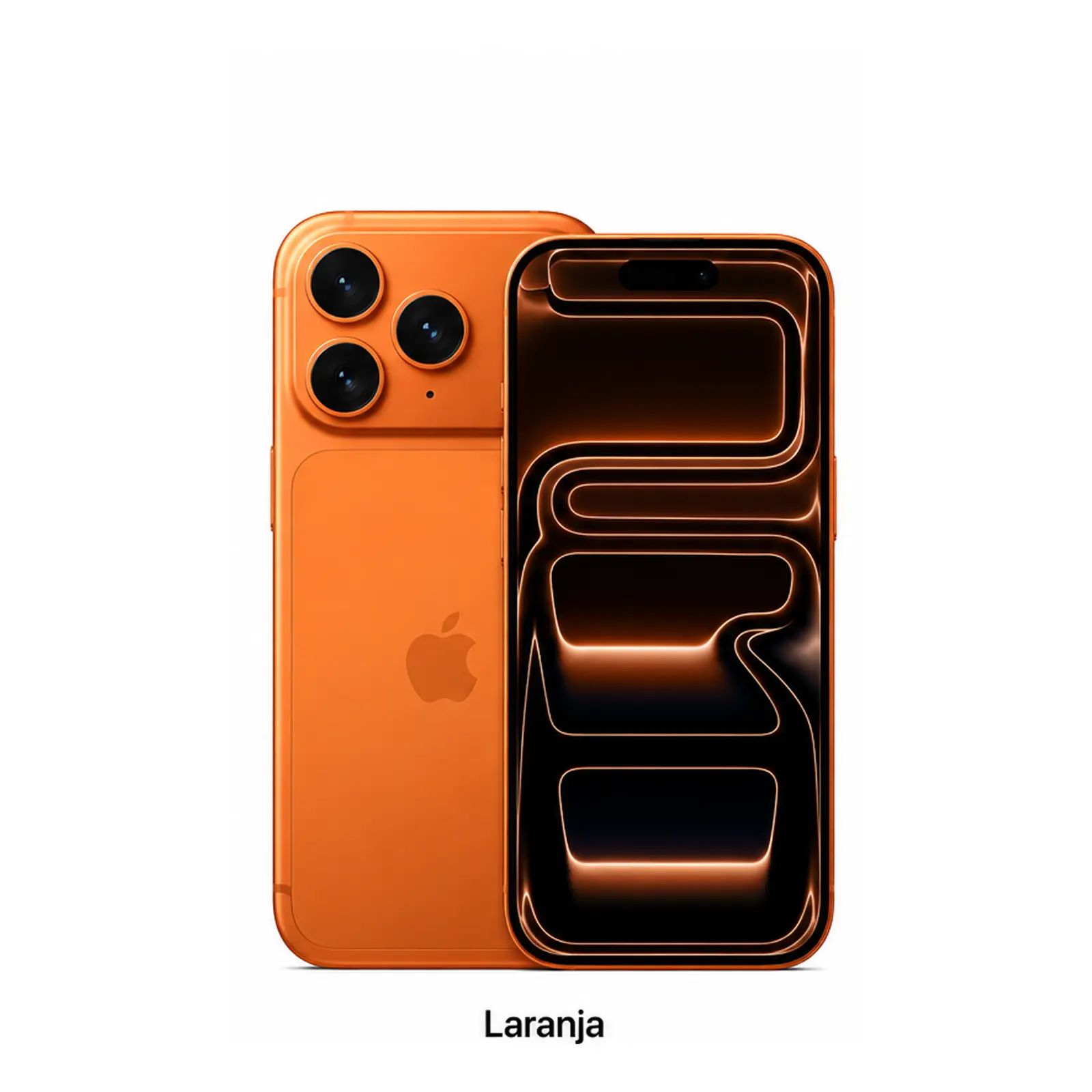 iPhone 17 Pro laranja, frente e verso (foto provisoria do 17 Pro, aguardando foto real do 17 Pro Max).